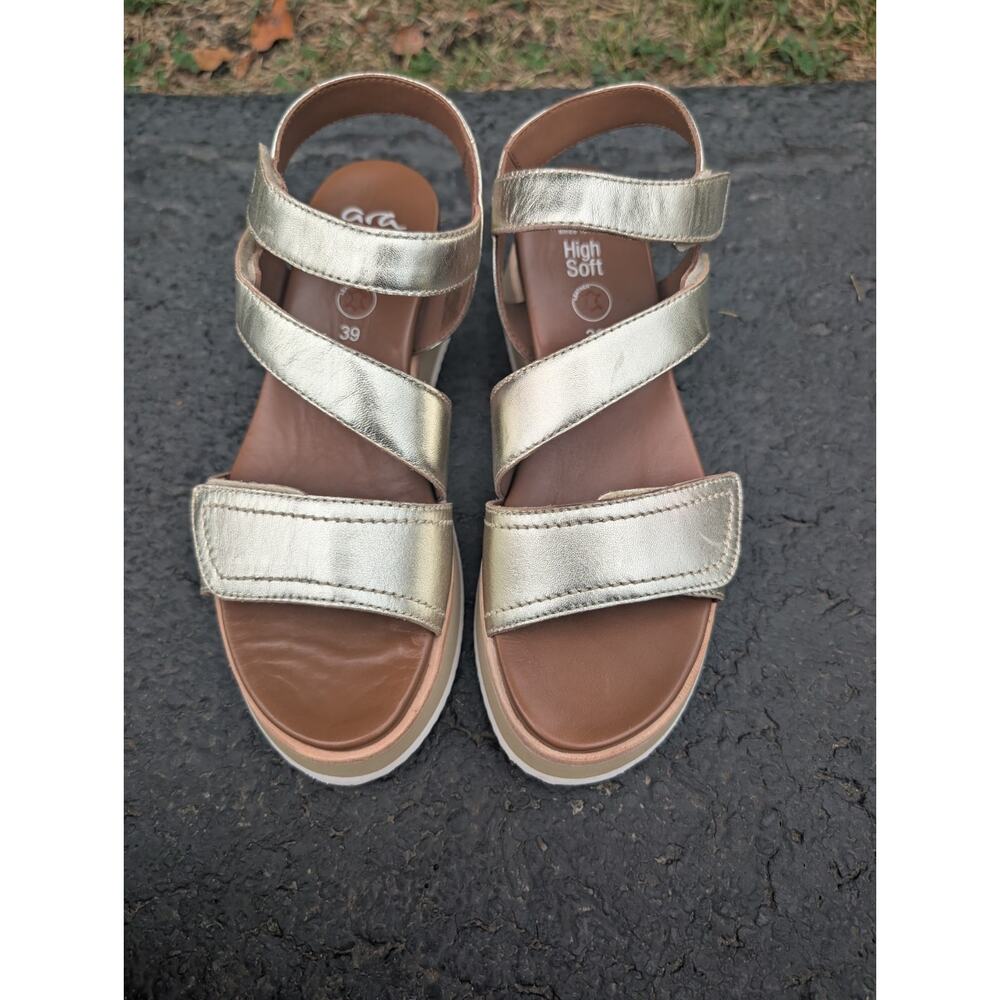 ARA Women’s Viola‎ Gold Strappy Sandals Air Cushioned Wedge Sz 39 US 8.5